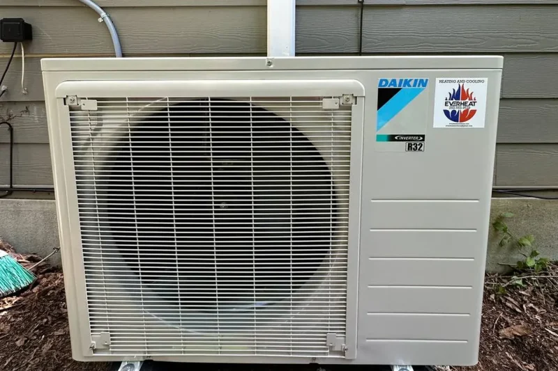 Daikin mini-split outdoor unit installed on a pad