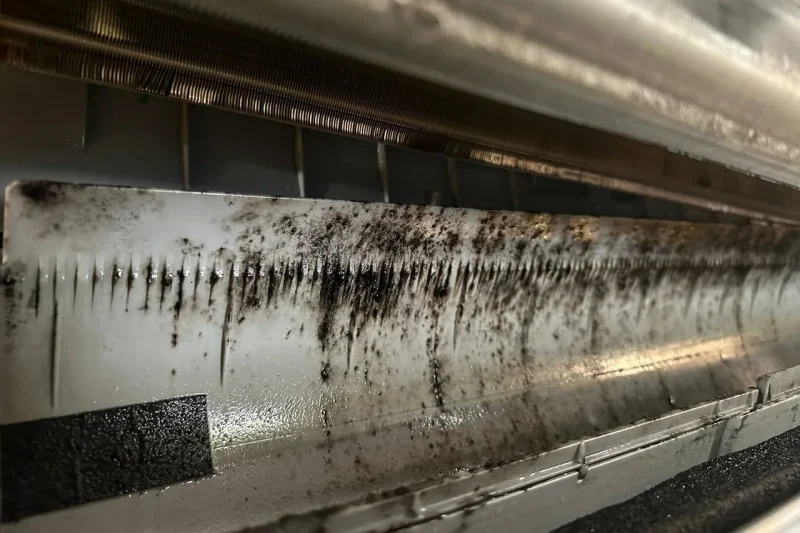 Dirty blower coil before a maintenance cleaning