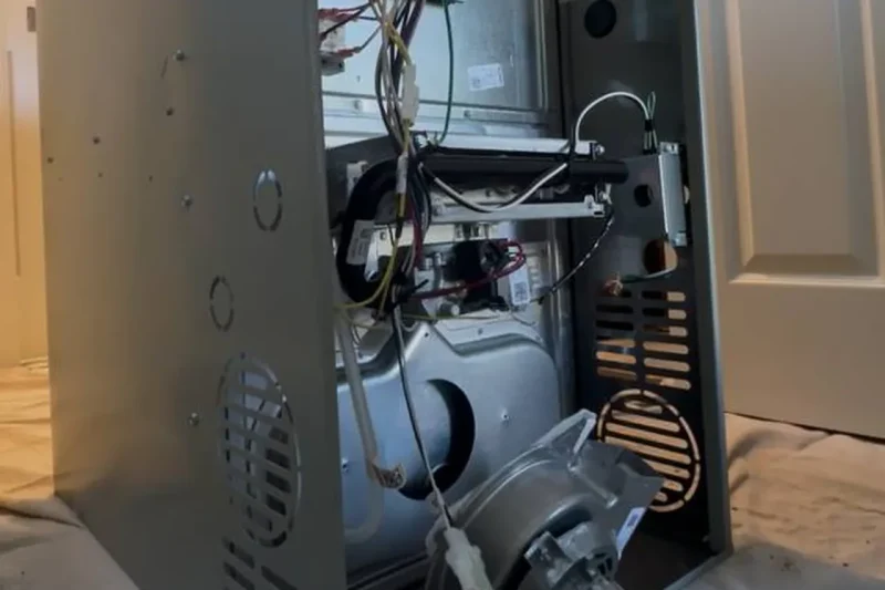 Furnace opened for service with the floor covered