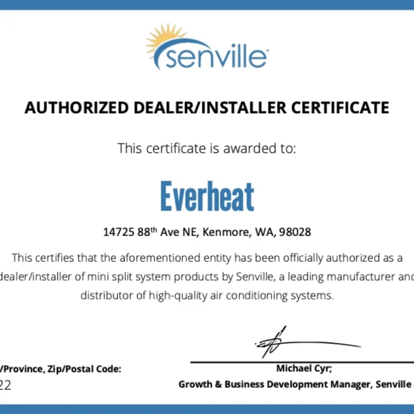 Senville Authorized Dealer and Installer certificate issued to EverHeat