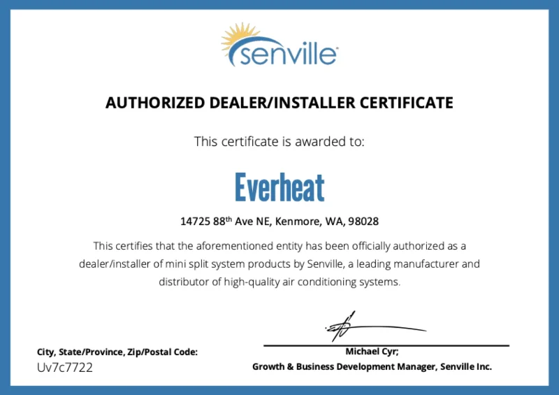 Senville Authorized Dealer and Installer certificate issued to EverHeat