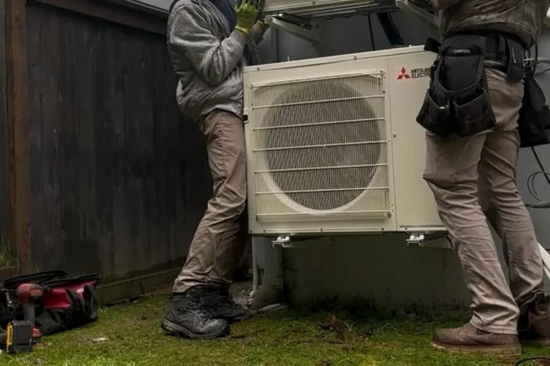 Two EverHeat technicians setting an outdoor unit in place